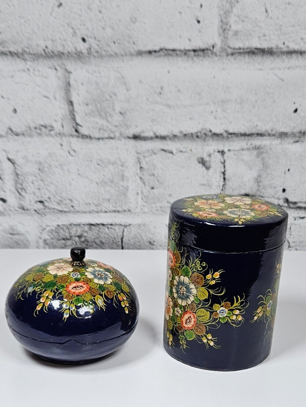 Vintage 1981 Kashmir Papier Mache Trinket Box Set Hand Painted Floral India